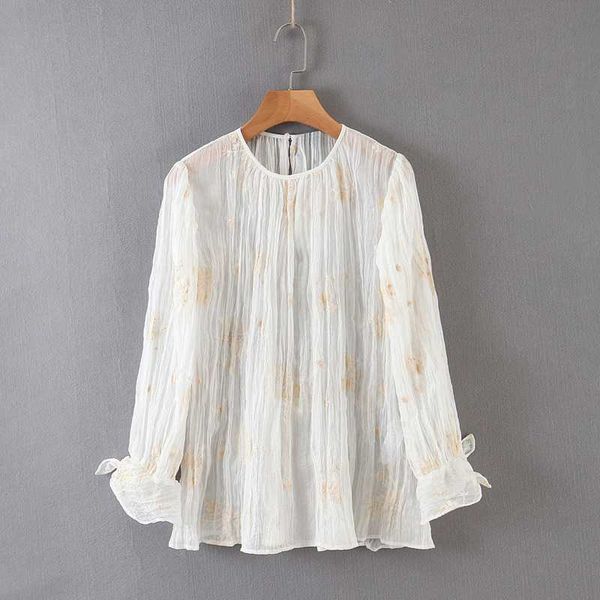 

women o neck chiffon embroidered floral blouse long sleeves pleated spring summer see through xb2219, White