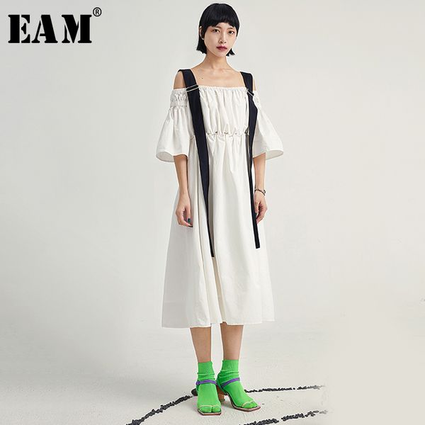

eam] women white pleated split joint long dress new slash neck puff sleeve loose fit fashion tide spring summer 2020 1u609, Black;gray