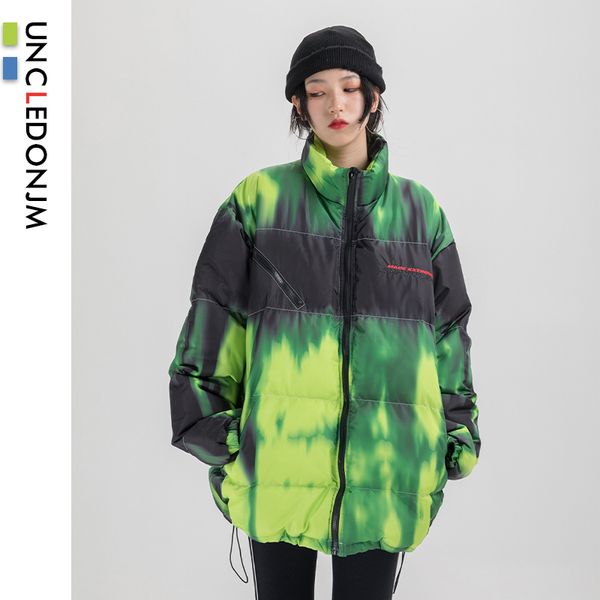 

uncledonjm women tie dye thick parkas jackets streetwear hip hop casual winter warm cotton padded parka jacket coats dp12, Black