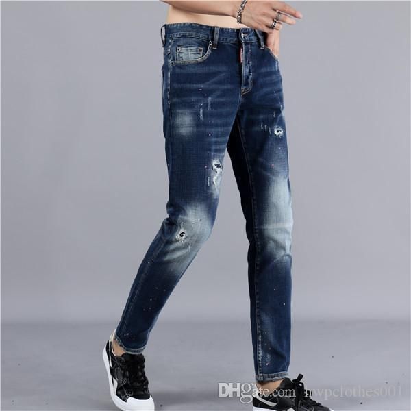 

designer jeans new fashion mens designer brand joggers skinny ripped destroyed stretch slim fit hop hop pants with holes for men, Blue