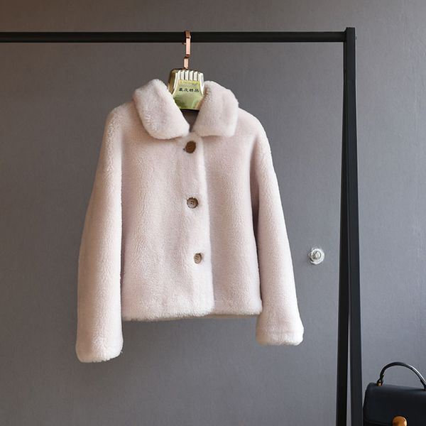 

2019 natural wool sheep shearing fur coat female streetwear thick warm casual pu liner women real fur coat winter jacket, Black