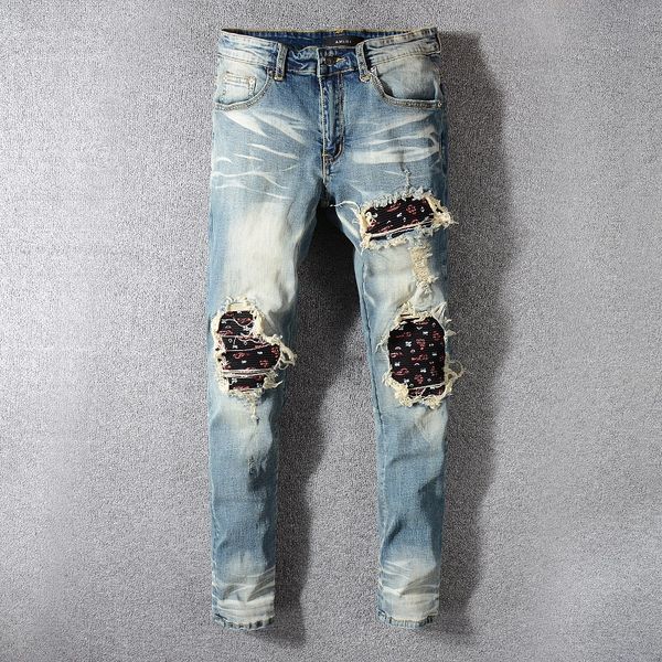 

580 mens distressed ripped skinny jeans brand designer men's motorcycle moto biker denim us size 28~40 hip hop punk pants hipping, Blue
