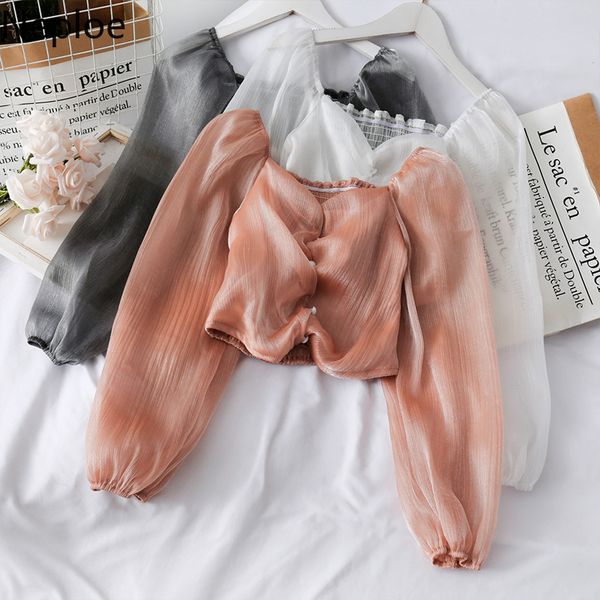 

neploe slash neck off shoulder short blouse women luster puff long sleeve button blusas autumn spring 2020 new shirt 48648, White