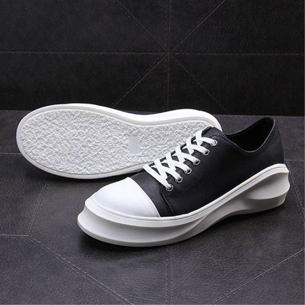 

men women genuine leather high platform lace-up casual muffin shoes male streetwear fashion hip hop couple cow leather shoes, Black