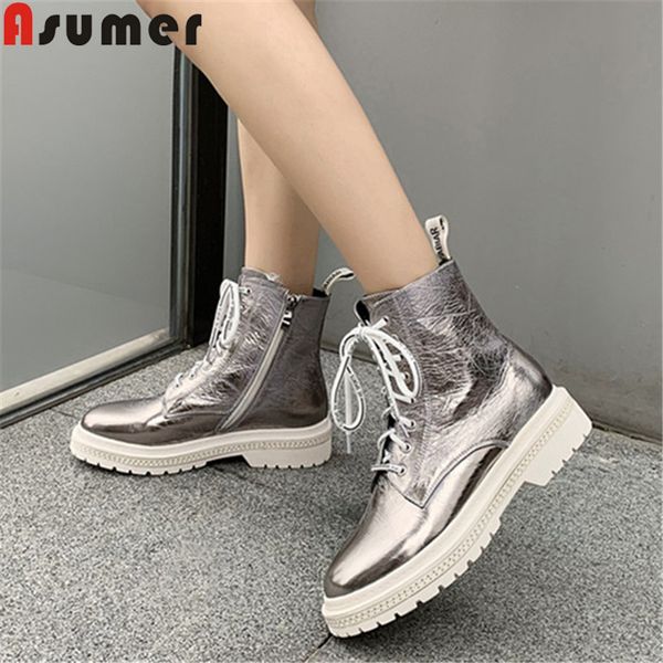 

asumer size 34-40 fashion genuine leather boots women round toe ladies ankleboots lace up low heels ladies autumn winter boots, Black