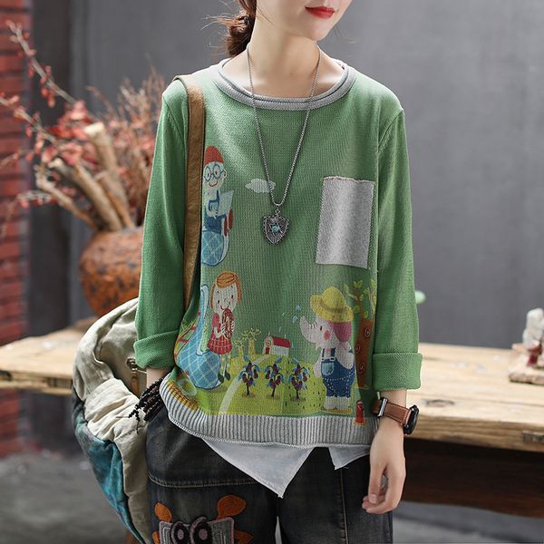 

loose sweater for women autumn new knitted linen round collar cartoon printed blouse loose casual women computer knitted a0bz4, White;black