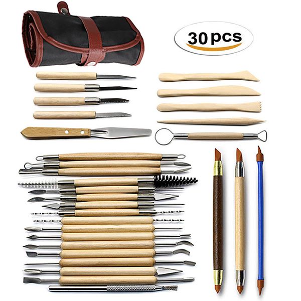 

30 pieces diy art clay pottery tool set crafts clay sculpting tool kit pottery & ceramics wooden handle modeling clay tools