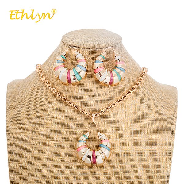 

ethlyn 2018 african/nigerian jewelry set for women hit colorful spiral round pendant earrings necklace rose gold jewelry sets, Silver