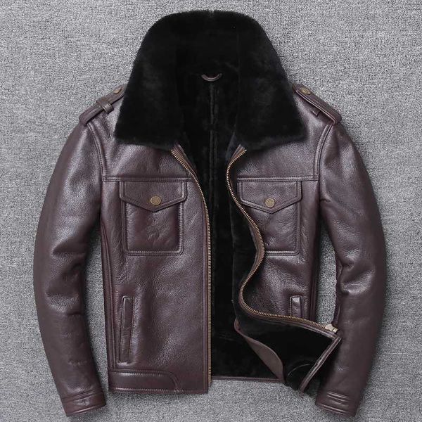 

men's genuine leather jacket men's leather coat with lapel and plush winter fur coat 2020, Black
