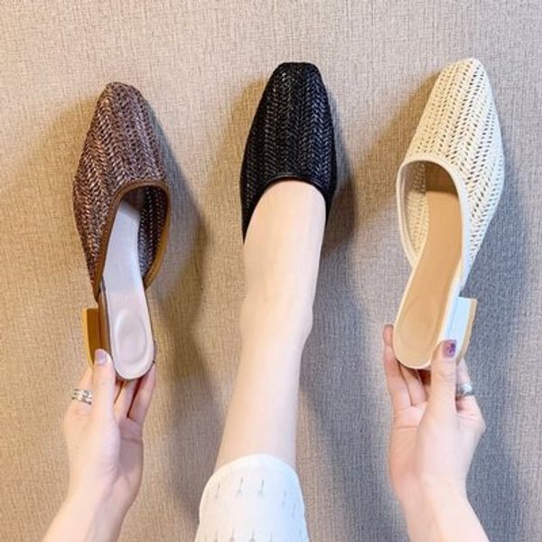 

2020 summer new korean version of hollow knitted women's shoes seaside leisure vacation style retro slippers, Black