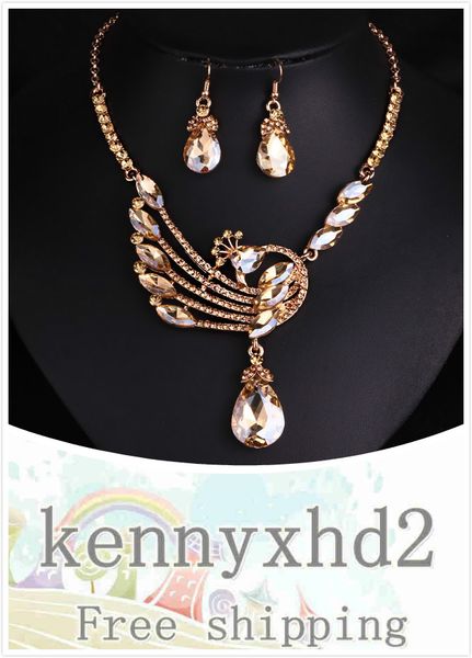 

dinner jewellery european and american luxury bridal necklace earring jewelry two-piece fashion stylish wedding crystal peacock jewelry set, Silver