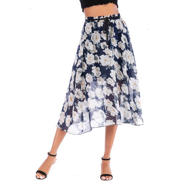 

women stylish flowers printing rok mid calf smoking summer ultra dunne chiffon faldas mujer beach rok elastic waist, Black