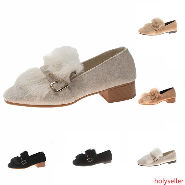 

2020 new women s vintage casual leather mid-heeled shoes with fluffy feather brown black gray outdoor walking shoes main7