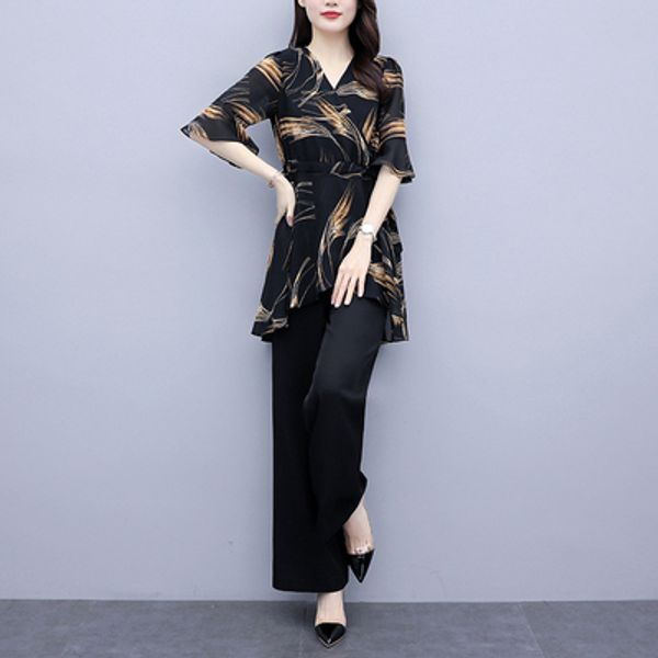 

large size 2 piece set women 2020 summer korean wide leg pants chiffon loose clothes for women ladies sets flare sleeve, White