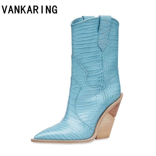 

fashion embossed microfiber leather ankle pointed toe western cowboy women mid-calf chunky wedges boots runway mx200324, Black