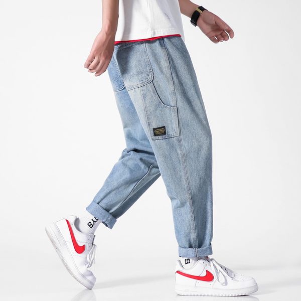 

2019 summer new style large size capri jeans men's korean-style loose-fit fashion solid color cowboy casual pants, Blue