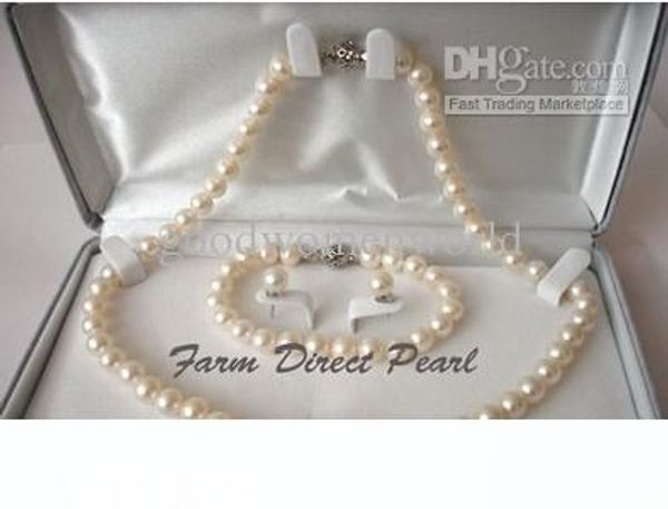 

ювелирные изделия перлы неподдельной круглый 8-9мм белый жемчужное ожерелье 3шт set 19" 925 серебро застежка, Black