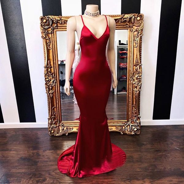 

Elegant V-Neck Sleeveless Prom Dresses 2019 Mermaid Long Evening Gowns Spaghetti Straps Red Plus Size Party Gowns
