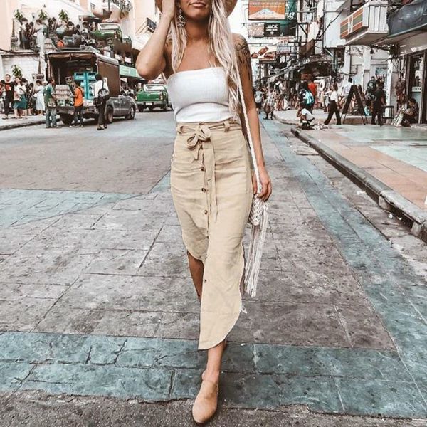 

skirts for women high fashion women summer skirts high waist casual solid button midi skirts bow belt tie feminino beach 2019 new, Black