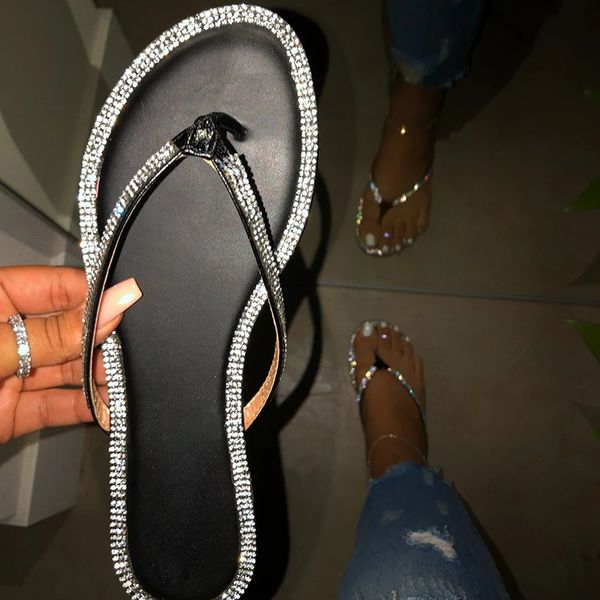 

2020 new fashion roman rhinestone summer women slippers pvc flat bottom outdoor women's beach slippers female flip flops, Black