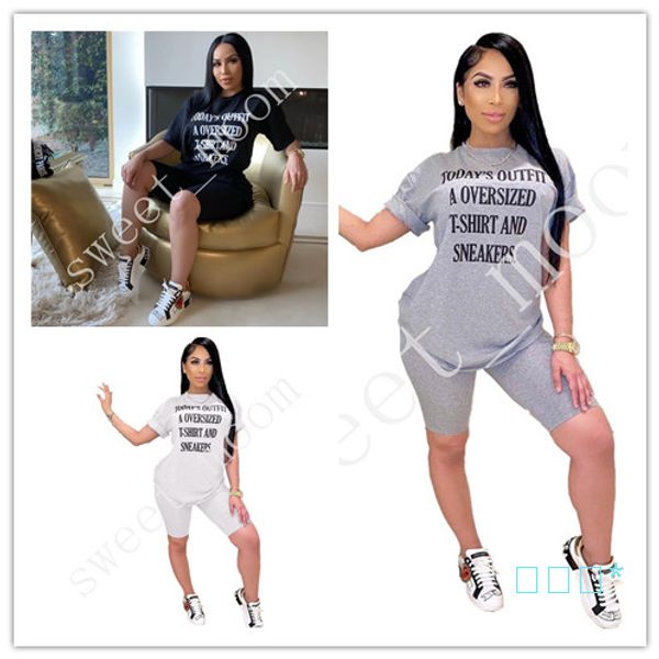 

женская одежда 2 шт. наборы мода пуловер футболки + шорты спортивный костюм письмо печати спортивная одежда повседневная женская одежда тонк, Gray