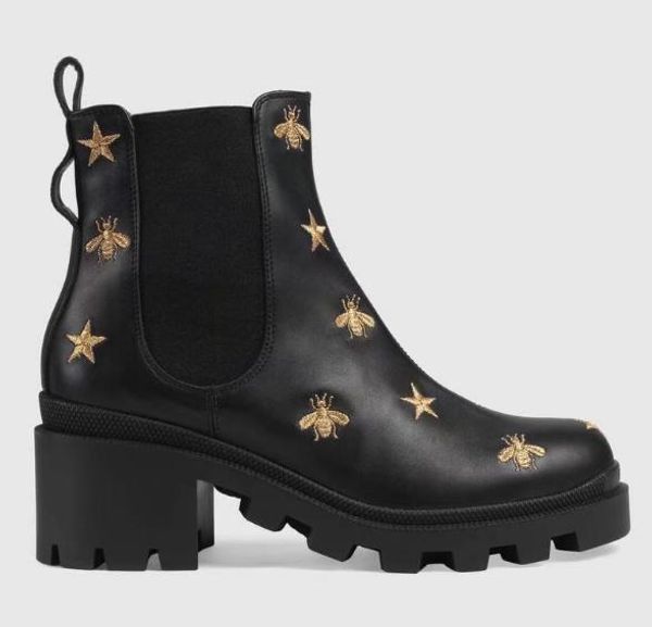 

2019 designer women casual shoes fashion british boots round toe martin boots buckle strap chunky heel round toes embroidered boots i67, Black