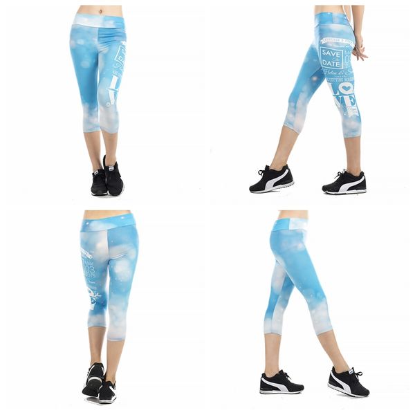 

women yoga trousers pants tights female high waist dance active capris sky blue letter print printing cropped leggings skinny silm, Black;white
