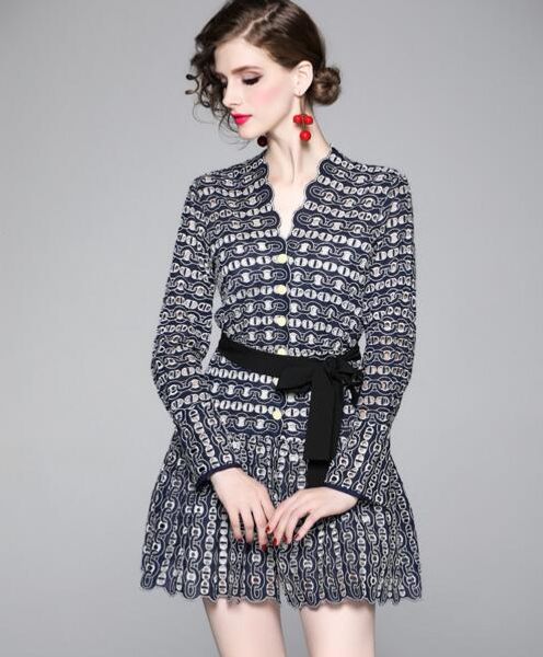 

vintage lace v-neck long sleeve openwork lace long sleeve autumn dress, Black;gray