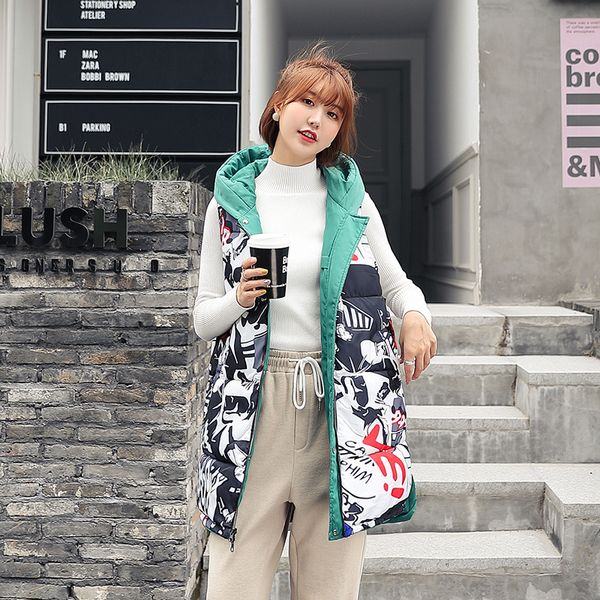 

2019 season easy down cotton vest girls long fund two-sided clothes thickening keep warm vest loose coat, Black;white
