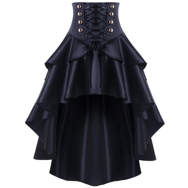 

kenancy women gothic style button punk corset party skirts lace up waist ruffles skirts swing irregular high low feminino, Black