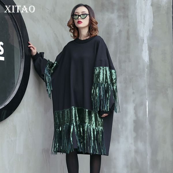 

xitao] loose women 2019 spring korea fashion o-neck full sleeve female tassel patchwork casual long sweatshirt lyh2456, Black