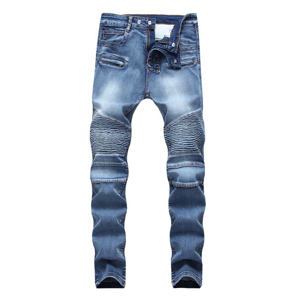 

2019 distressed ripped jeans fashion designer straight motorcycle biker jeans causal denim pants streetwear style mens jeans, Blue