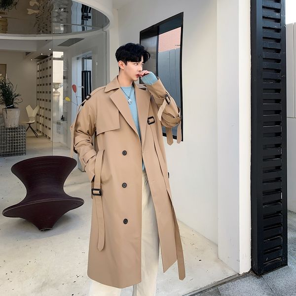 

men japan style streetwear vintage fashion casual khaki trench coat outerwear male loose long jacket overcoat windbreaker, Tan;black