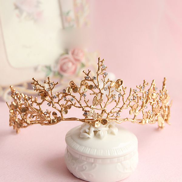 

baroque crown gold leaf tairas dragonfly bridal hair accessories princess bridal crowns headdress women ornaments gift, Golden;white