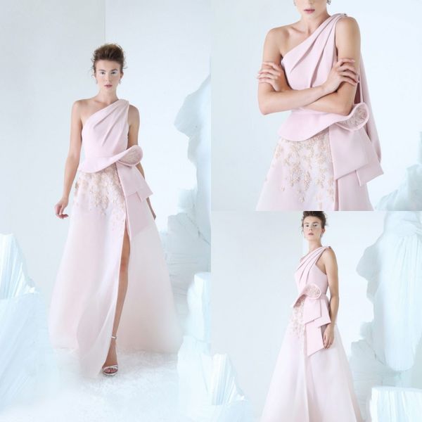 

2019 azzi & osta pink prom dresses one shoulder satin 3d floral appliqued long evening dress side split custom made formal party gowns, Black