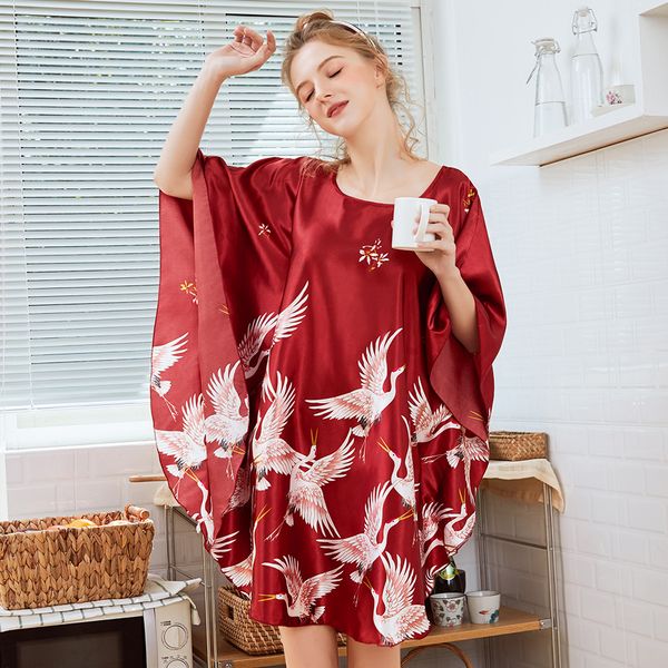 

new red women satin nightwear nightgown plus size loose kaftan bath gown nightdress summer sleepwear wedding night dress, Black;red