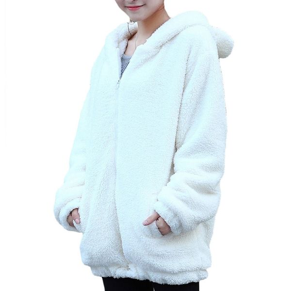 

women cute hoodies coats casual autumn pocket outerwears coat cute sweatshirts winter warm loose fluffy bear ear hooded jackets, Black