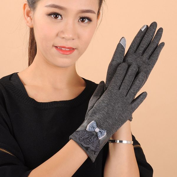 

fashion-women cashmere gloves soft wrist winter keep warm mittens elegant ladies lace bow full finger gloves mujer #ve, Blue;gray