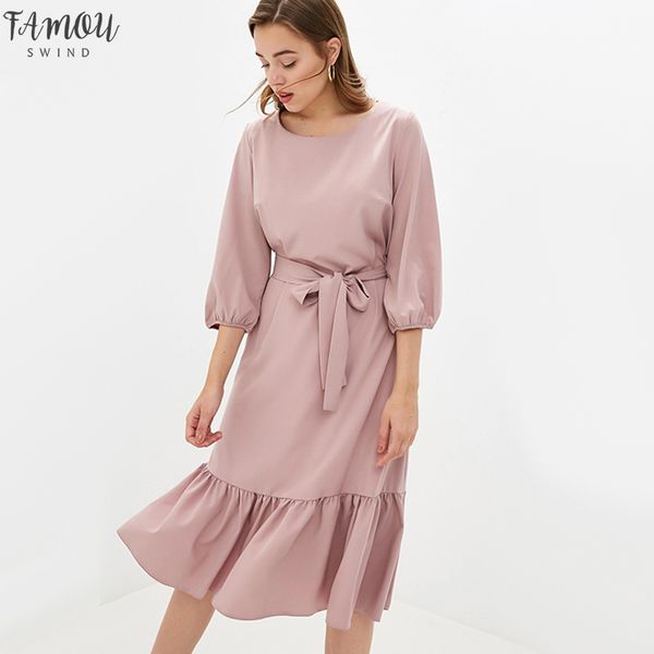 

women vintage sashes elegant ruffled a-line dress three quarter sleeve o neck solid casual dress 2020 autumn new fashion dress, Black;gray