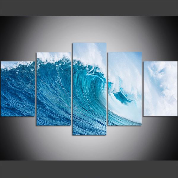 

5 piece large size canvas wall art pictures creative ocean huge waves art print oil painting for living room decor