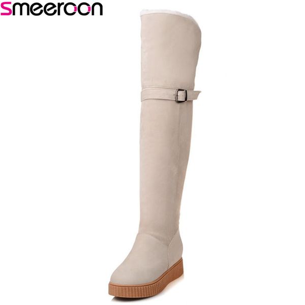 

smeeroon new fashion round toe knee high boots for women flat bottom autumn winter boots slip on women sonw, Black