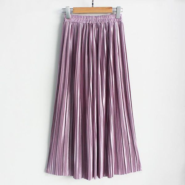 

summer pleated ankle-length maxi skirt long vintage women metallic skirt, Black