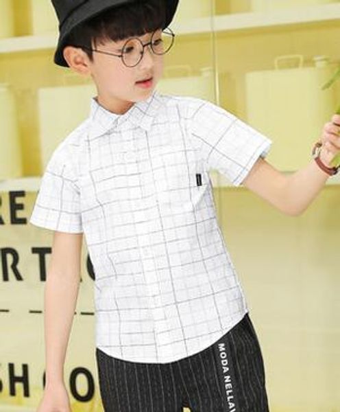 

2019 New Summer fashion children Simple lattice V collar Short sleeve T-shirt Cardigan students boy clothes Autumn coat