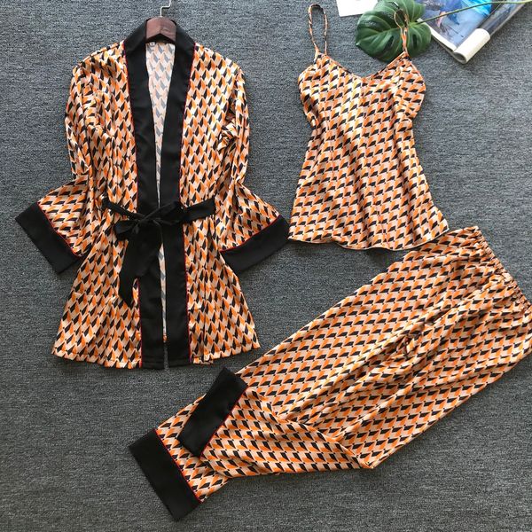 

2019 women pajamas sets 3 pieces spaghetti strap satin sleepwear female flower print long sleeve pyjama nightsuits pijama, Blue;gray