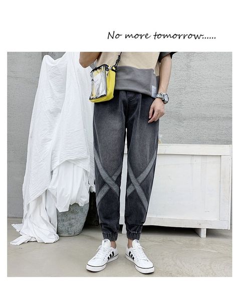 

mens panelled designer jeans solid color fshion washed mens pencil denim pants spring males casual jeans, Blue