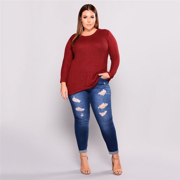 

skinny jeans women plus code denim holes destroyed knee pencil pants casual high waist trousers stretch ripped jeans plus size, Blue