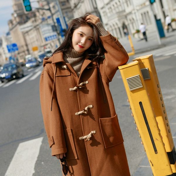 

fashion casual women long wool blend coat solid wide-waisted cashmere jacket single breasted ladies coats, Black