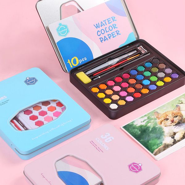 

36 colors portable travel solid pigment watercolor paints set with watercolor brush pen for painting art supplies