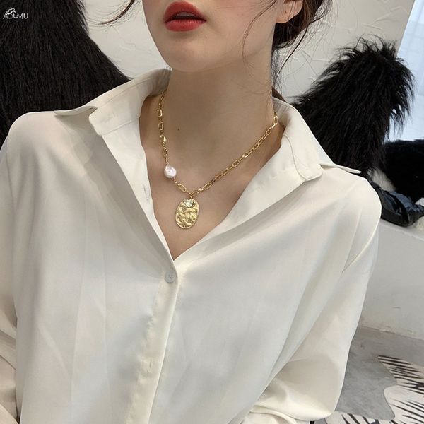 

aomu 2019 new design natural pearl necklace metal gold color necklace geometric oval pendant fashion jewelry, Silver