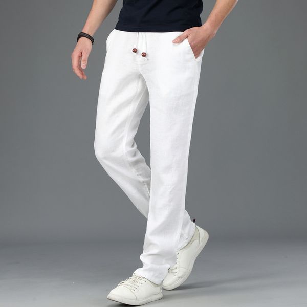 

m~4xl summer mens 100% linen pants cool thin white trousers breathable pants casual trousers man straight business cargo, Black